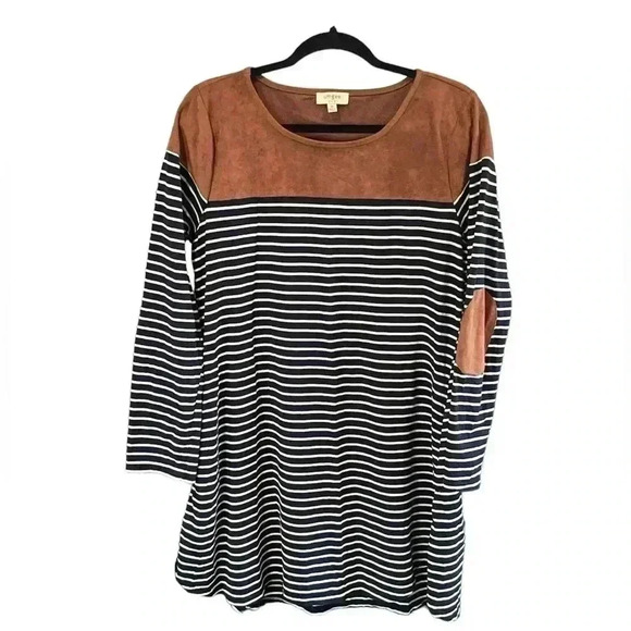 Umgee Navy and white striped dress with brown accents and elbow patches. Size M - Picture 1 of 4
